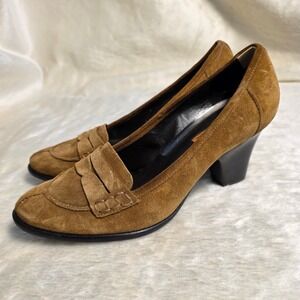 Via Spiga Penny Loafer Pumps Brown Suede Block Heel Womens 7.5M Excellent